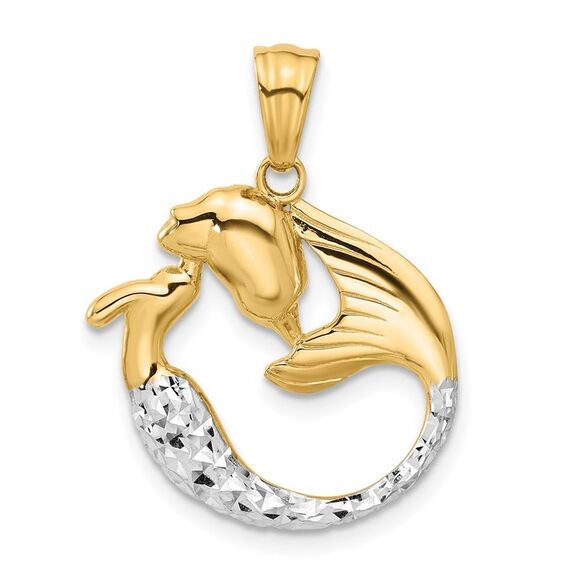 14k Yellow Gold with White Rhodium Diamond Cut Mermaid Pendant